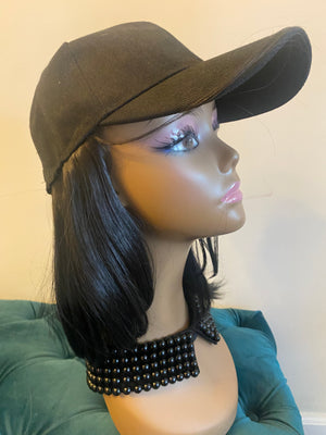 Synthetic baseball hair hat all-in-one 8-inch wig
