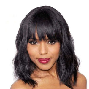 12 wavy bob with blunt bangs human hair mix - Natural Black / inches - wig