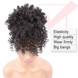 Kinky curly synthetic drawstring fluffy ponytail with bangs - 1B / 6 inches - Clip In