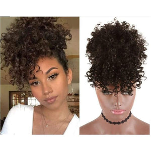 Kinky curly synthetic drawstring fluffy ponytail with bangs - 1B / 6 inches - Clip In