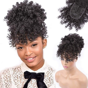 Kinky curly synthetic drawstring fluffy ponytail with bangs - 1B / 6 inches - Clip In