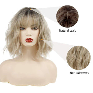 Salon ready blonde wavy bob with straight bangs for women - lace front wig