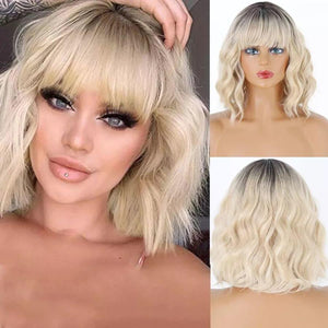 Salon ready blonde wavy bob with straight bangs for women - lace front wig
