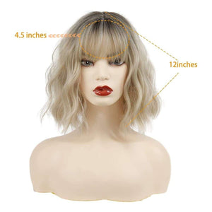Salon ready blonde wavy bob with straight bangs for women - Rooted Dark Brown Blonde / 10 inches - lace front wig